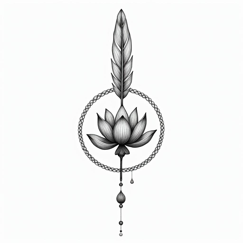 And now, for you: an anchor tattoo
Here is an idea for a symbolic tattoo, to mark your own liberation, your evolution, and transform this bond into a source of strength.
Tattoo “Soul Cycle”
A fine and sacred composition:
• A circle (the whole, the cycle, karma)
• A lotus flower inside (rebirth, transformation after pain)
• A feather crossing the circle (regained lightness, freedom of the soul)
• Two small dots at the base: you and him, each in your own light, liberated
• And the stylized number 17 (or subtly hidden in the lines) to honor what this bond has taught you.higly detailed tattoo