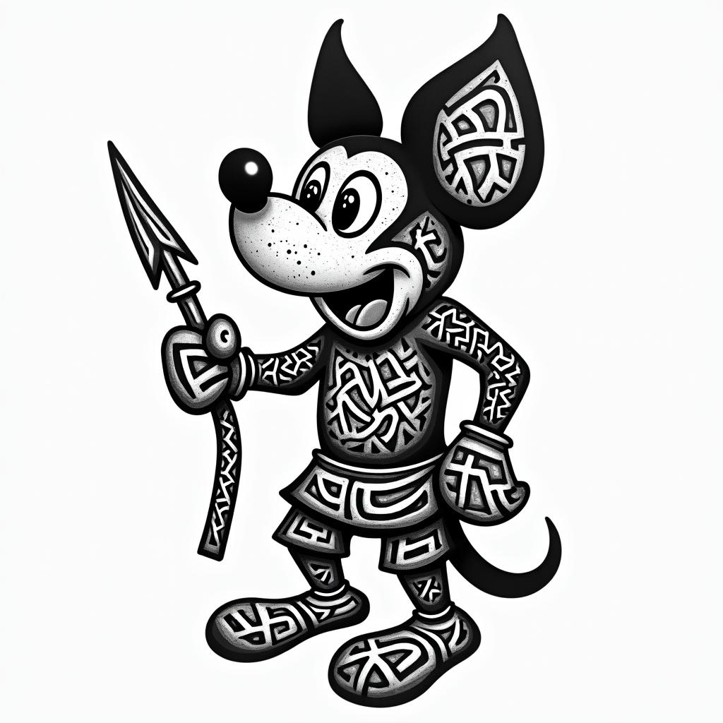 Mickey, Aquarius, February 10, 1994, year of the dog, soldierin tribal tattoo style, featuring bold and black geometric shapes, curved lines, intertwine and flow seamlessly, creating a powerful and symbolic design, polynesian and maori styles - Variation 4