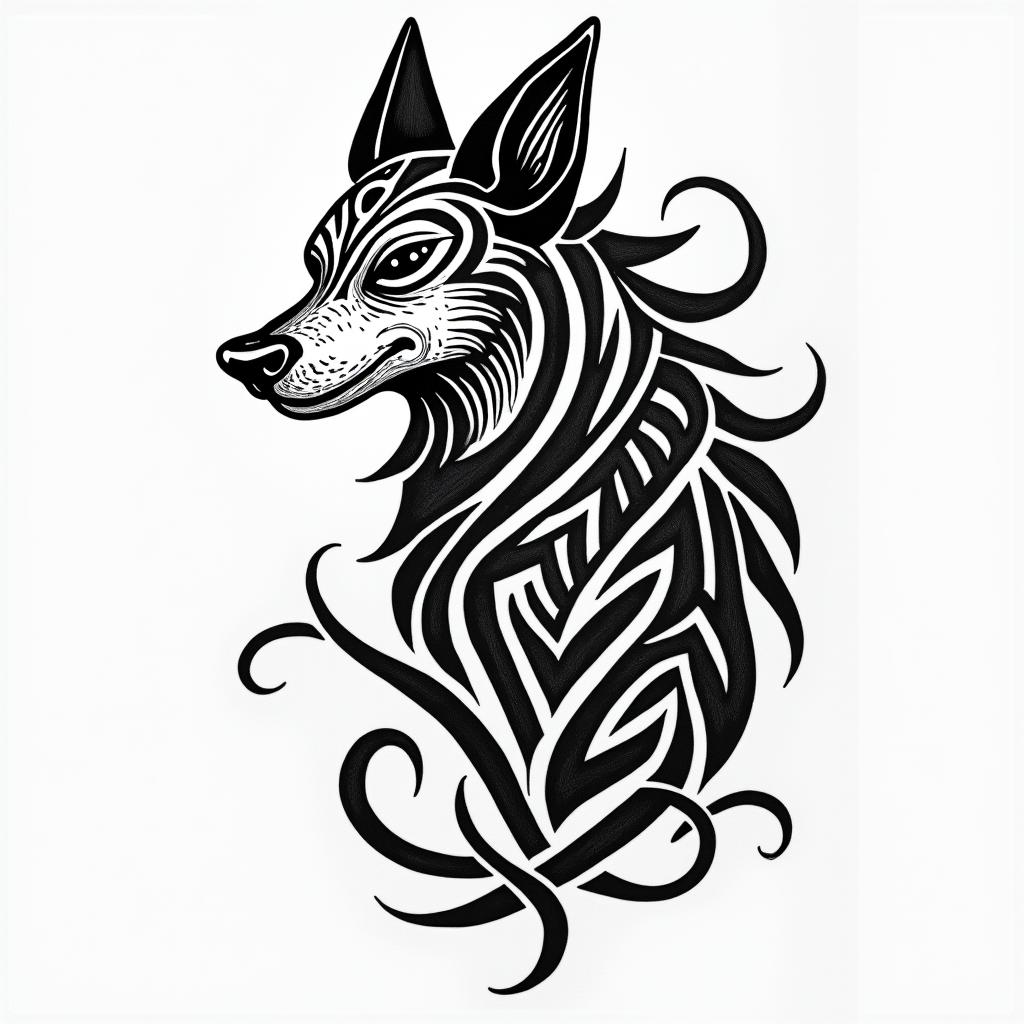 Mickey, Aquarius, February 10, 1994, year of the dog, soldierin tribal tattoo style, featuring bold and black geometric shapes, curved lines, intertwine and flow seamlessly, creating a powerful and symbolic design, polynesian and maori styles - Variation 3