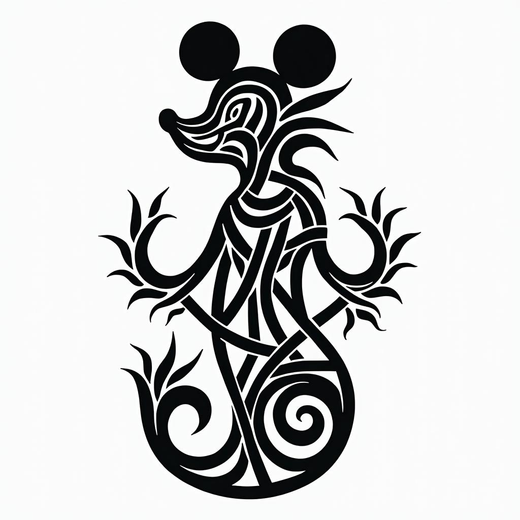 Mickey, Aquarius, February 10, 1994, year of the dog, soldierin tribal tattoo style, featuring bold and black geometric shapes, curved lines, intertwine and flow seamlessly, creating a powerful and symbolic design, polynesian and maori styles - Variation 2