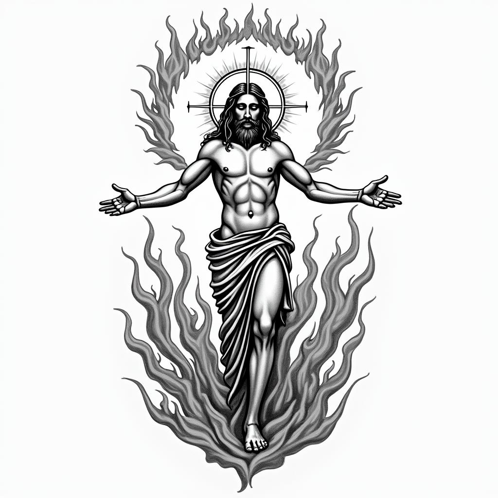 A traditional tattoo design featuring Jesus in an anatomical position, embodying control over chaos, surrounded by flames in the background. Above the figure, the text reads, "Even though I walk through the valley of the shadow of death, I will fear no evil, for you are with me; your rod and your staff, they comfort me," curving over the top of the image.higly detailed tattoo - Variation 7