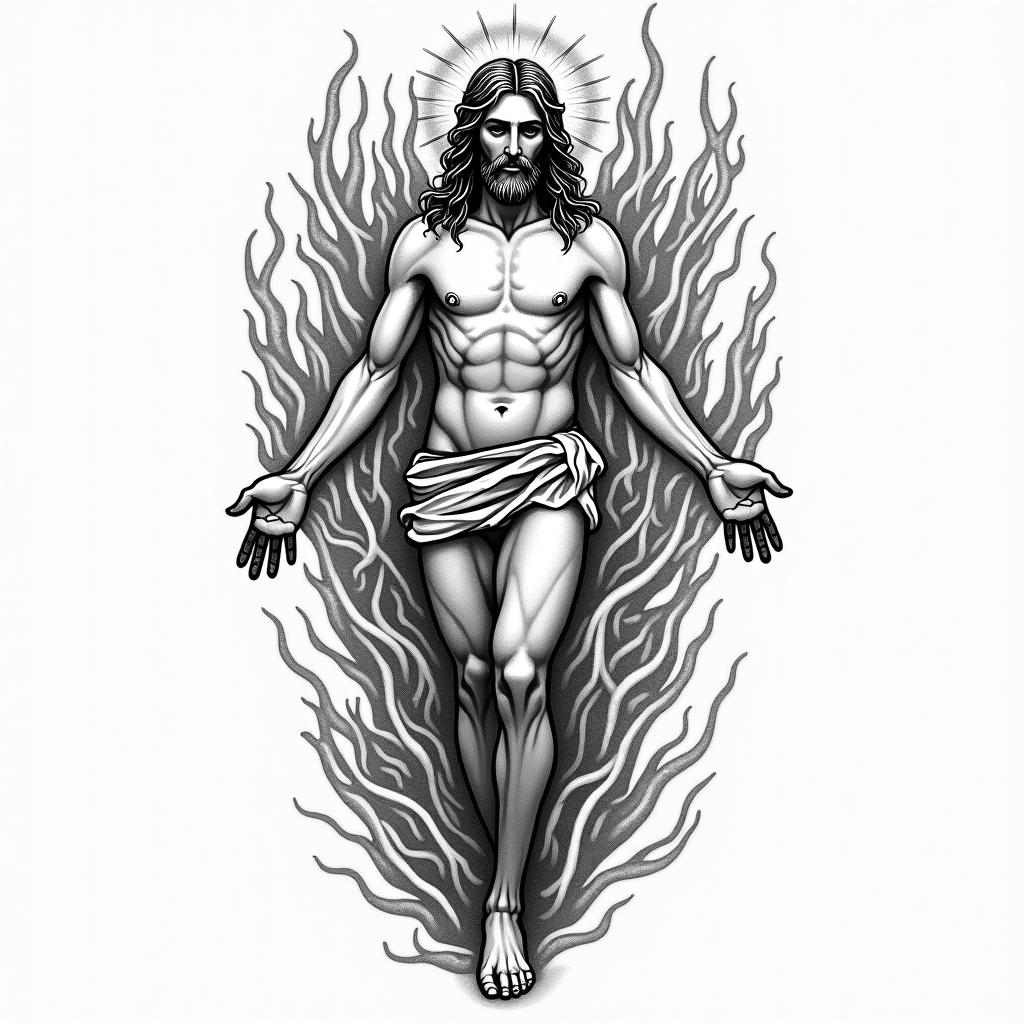 A traditional tattoo design featuring Jesus in an anatomical position, embodying control over chaos, surrounded by flames in the background. Above the figure, the text reads, "Even though I walk through the valley of the shadow of death, I will fear no evil, for you are with me; your rod and your staff, they comfort me," curving over the top of the image.higly detailed tattoo - Variation 6