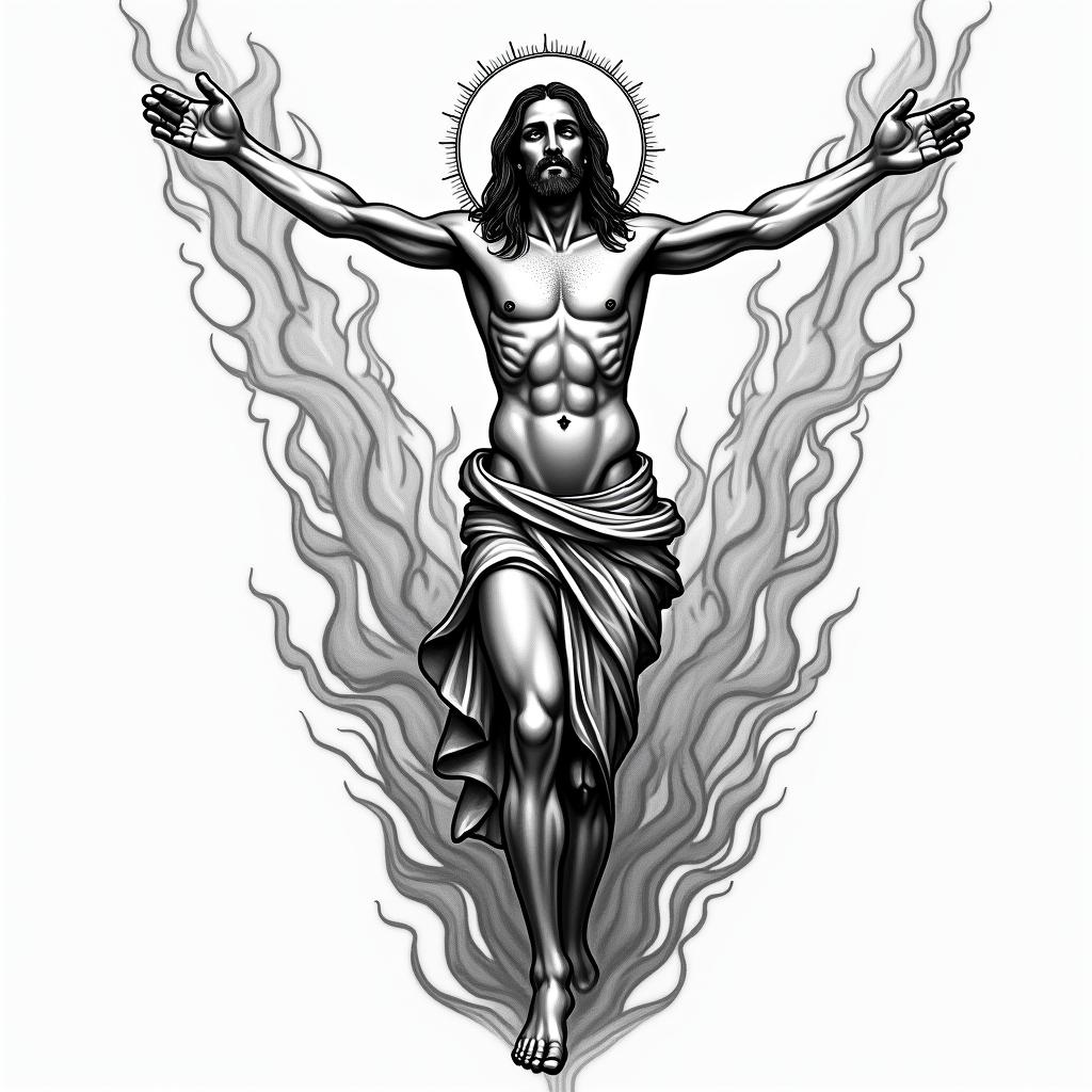 A traditional tattoo design featuring Jesus in an anatomical position, embodying control over chaos, surrounded by flames in the background. Above the figure, the text reads, "Even though I walk through the valley of the shadow of death, I will fear no evil, for you are with me; your rod and your staff, they comfort me," curving over the top of the image.higly detailed tattoo - Variation 5