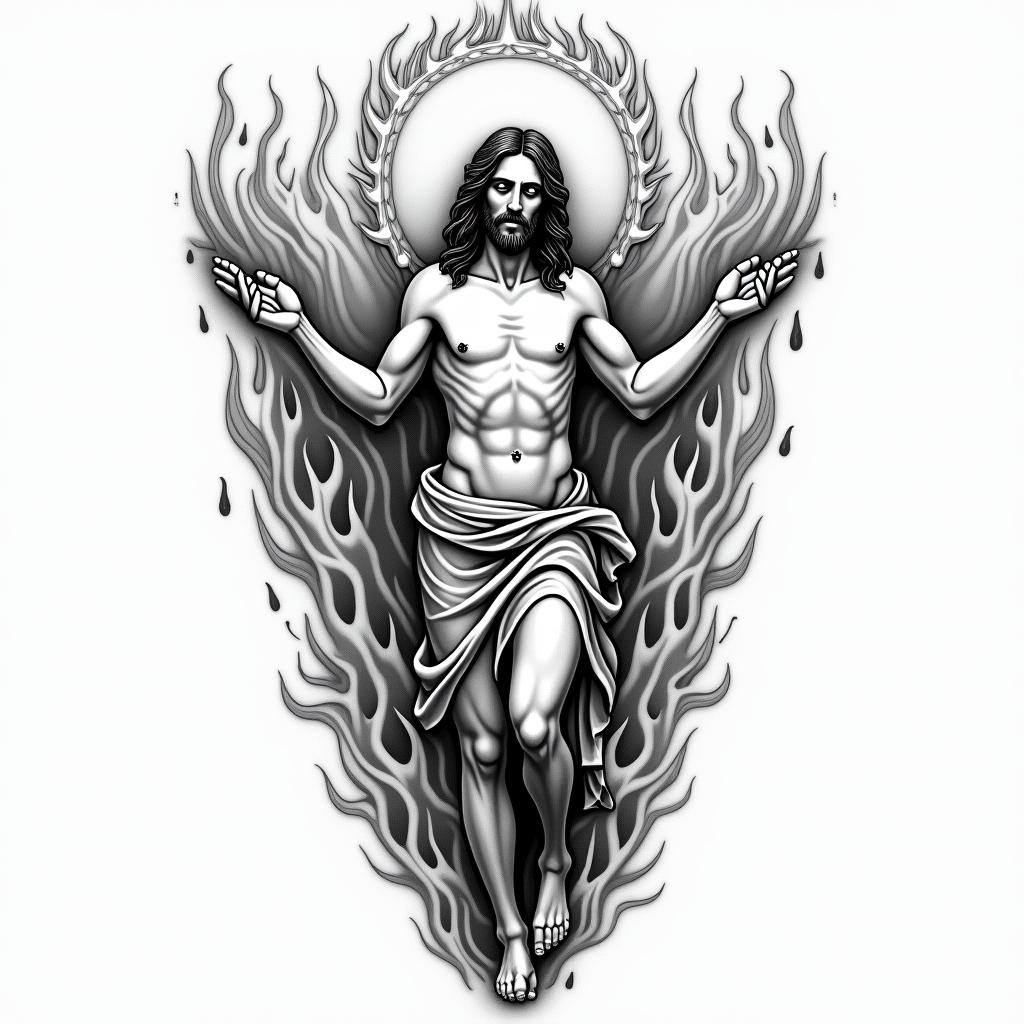 A traditional tattoo design featuring Jesus in an anatomical position, embodying control over chaos, surrounded by flames in the background. Above the figure, the text reads, "Even though I walk through the valley of the shadow of death, I will fear no evil, for you are with me; your rod and your staff, they comfort me," curving over the top of the image.higly detailed tattoo - Variation 8