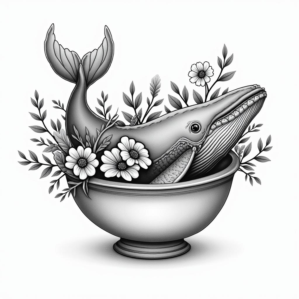42 don’t panic a bowl of petunias and a sperm whalein bohemian style tattoo, 8k - Variation 2