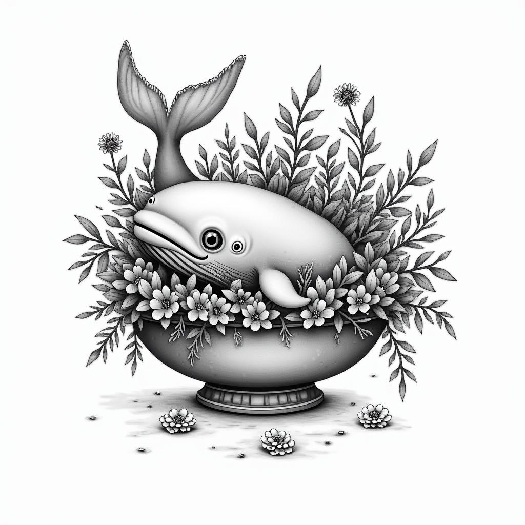 42 don’t panic a bowl of petunias and a sperm whalein bohemian style tattoo, 8k