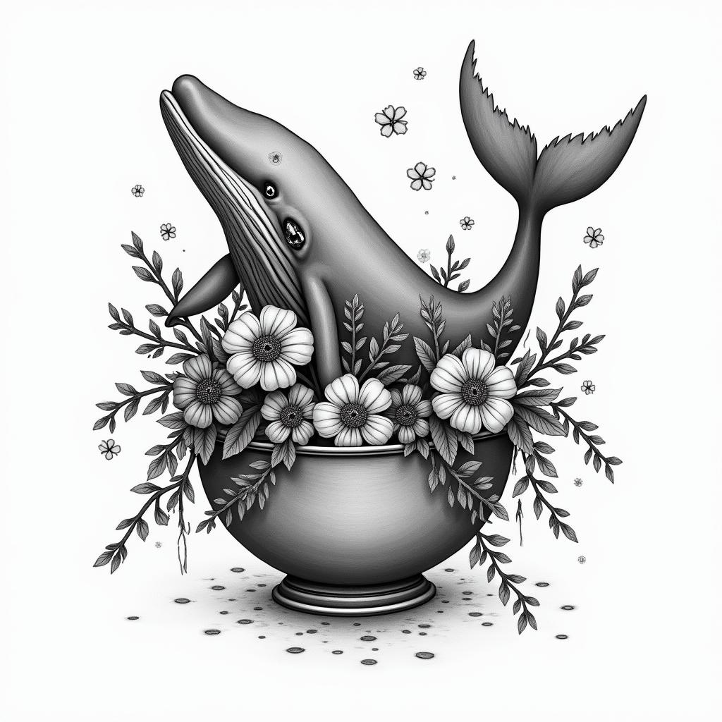 42 don’t panic a bowl of petunias and a sperm whalein bohemian style tattoo, 8k - Variation 3