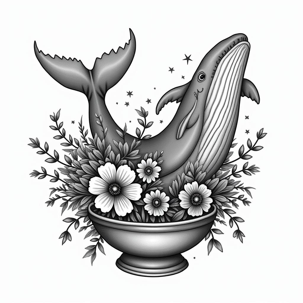 42 don’t panic a bowl of petunias and a sperm whalein bohemian style tattoo, 8k - Variation 4