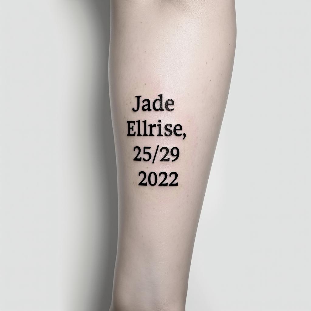 Jade Eloise 25-02-2022, on the armminimalist text-based tattoo, Monospace font ultra-realistic, perfectly placed, high-quality font design, photo-realistic shading, 8k, high quality, finely detailed typograph - Variation 4