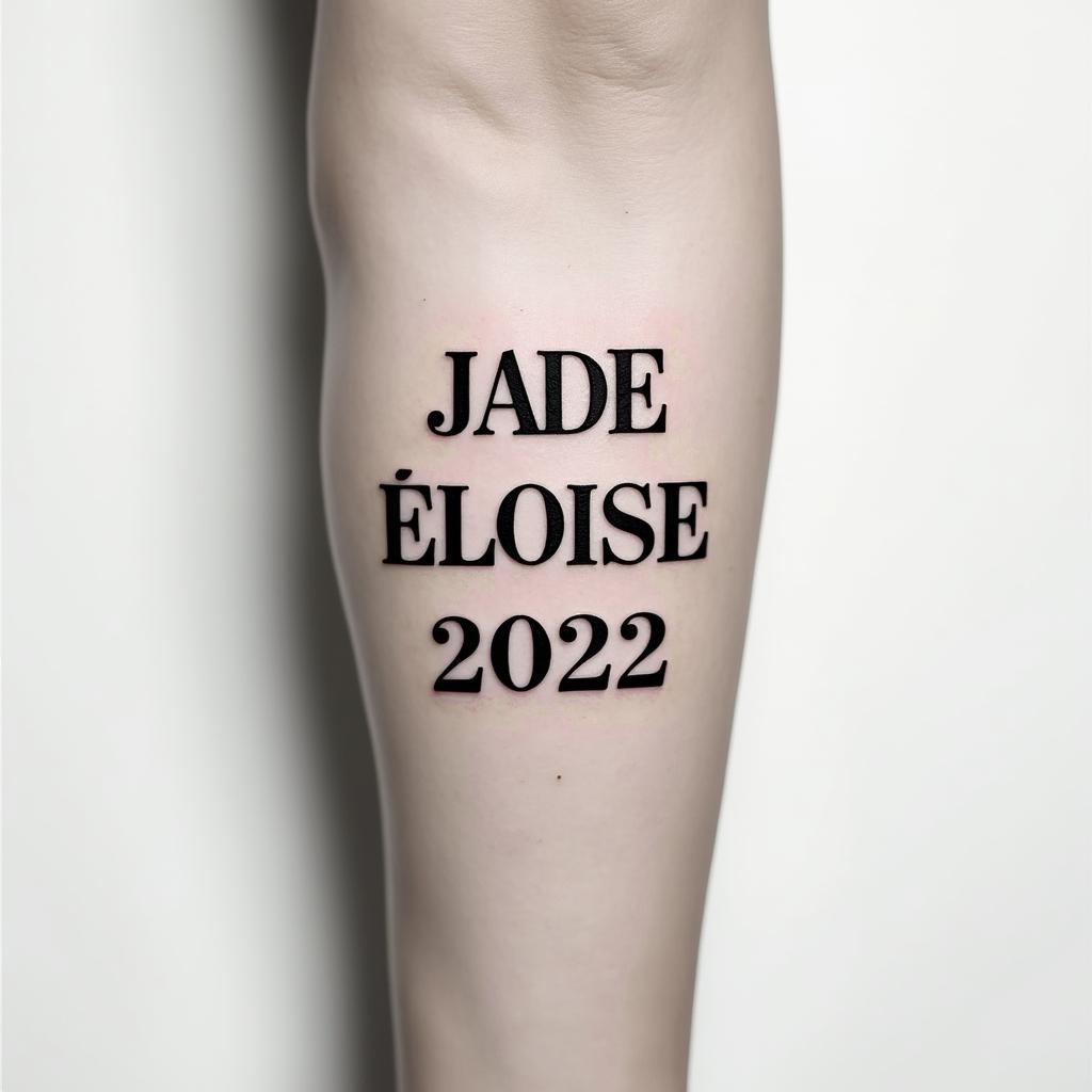 Jade Eloise 25-02-2022, on the armminimalist text-based tattoo, Monospace font ultra-realistic, perfectly placed, high-quality font design, photo-realistic shading, 8k, high quality, finely detailed typograph