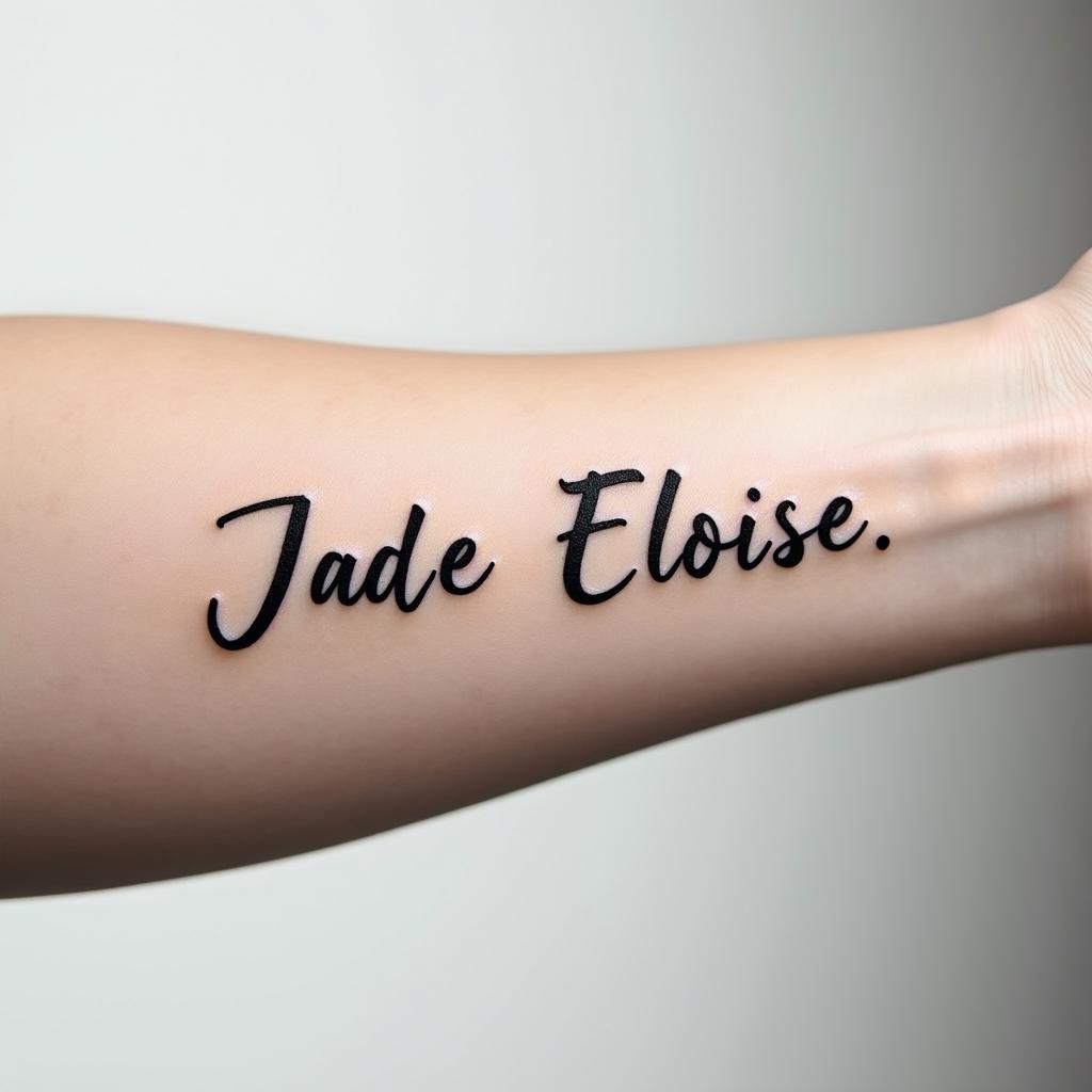 Jade Eloise 25-02-2022, on the armminimalist text-based tattoo, Monospace font ultra-realistic, perfectly placed, high-quality font design, photo-realistic shading, 8k, high quality, finely detailed typograph - Variation 3