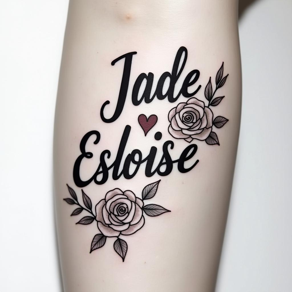 Jade Eloise 25-02-2022, on the armin elegant cursive calligraphy style 2d tattoo, decorate with roses, featuring a smooth and flowing handwritten script with slightly thickened strokes for a luxurious and bold appearance,  heart symbol between names,  sleek and glossy black text with shadowing, minimalist matte white background, clean and sharp edges, illuminated with soft lighting, romantic, 8k, high-quality textures with refined typography - Variation 11