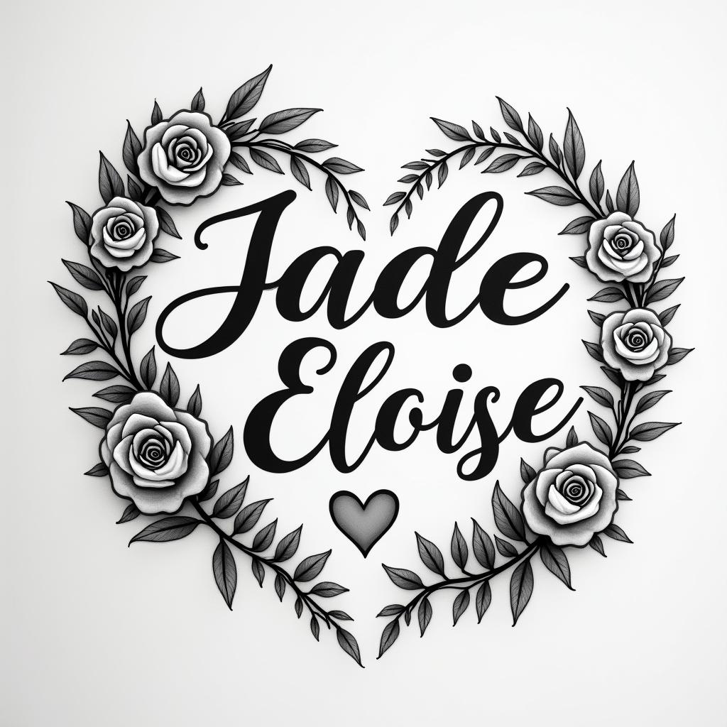 Jade Eloise 25-02-2022, on the armin elegant cursive calligraphy style 2d tattoo, decorate with roses, featuring a smooth and flowing handwritten script with slightly thickened strokes for a luxurious and bold appearance,  heart symbol between names,  sleek and glossy black text with shadowing, minimalist matte white background, clean and sharp edges, illuminated with soft lighting, romantic, 8k, high-quality textures with refined typography - Variation 12