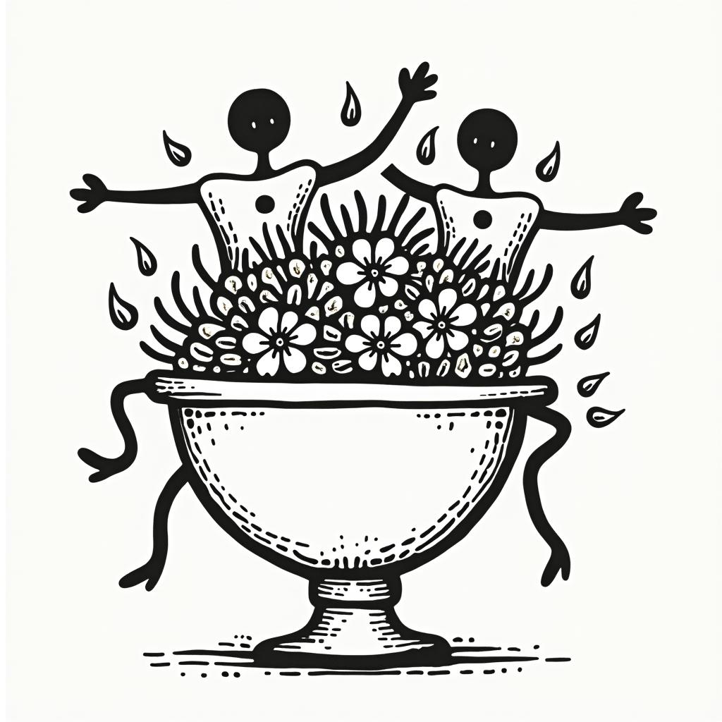 42 don’t panic a bowl of petunias and a sperm whaleabstract dancing figures in Keith Haring style, featuring bold black outlines and solid color fills, figures posed in dynamic and playful dance movements, minimalist design - Variation 3