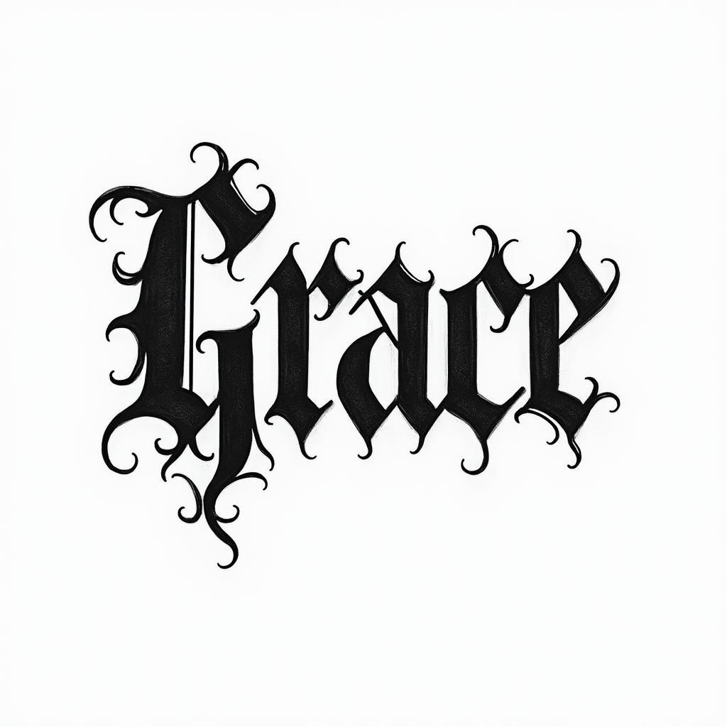 Gracetext-based tattoo, gothic font ultra-realistic, perfectly placed, high-quality font design, photo-realistic shading, 8k, high quality, finely detailed typography