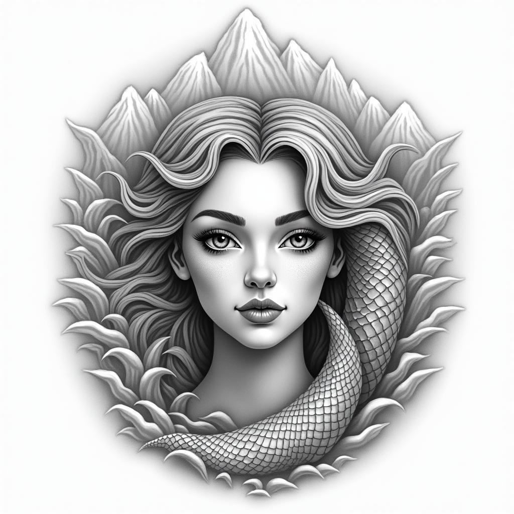 A pisces swimming with mountain Ararat in the background. The pisces face is a beautiful woman’s face.in realism tattoo style, featuring a highly detailed, lifelike, capturing every detail, photorealistic, ultra realistic, intricate shading, smooth and sharp,   - Variation 4
