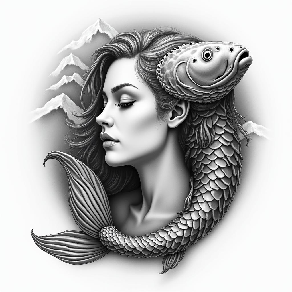A pisces swimming with mountain Ararat in the background. The pisces face is a beautiful woman’s face.in realism tattoo style, featuring a highly detailed, lifelike, capturing every detail, photorealistic, ultra realistic, intricate shading, smooth and sharp,  