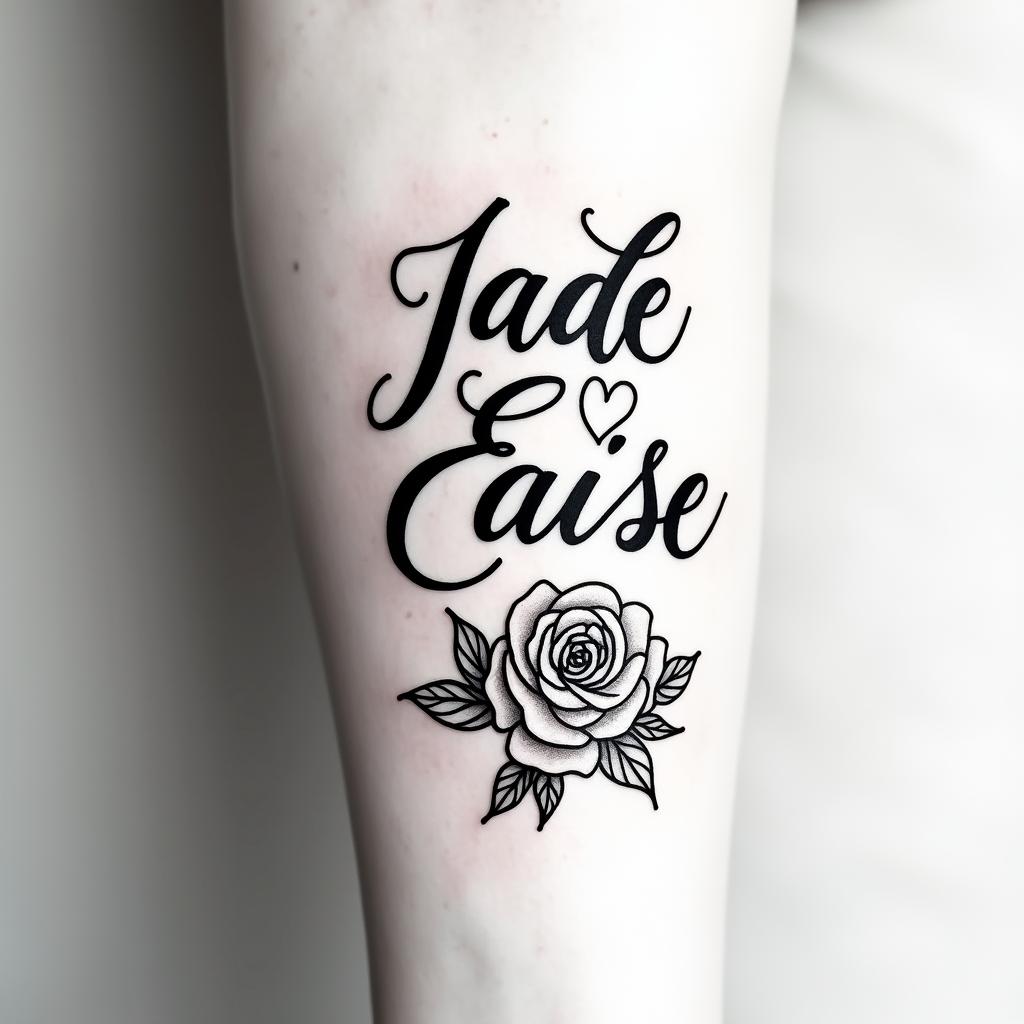 Jade Eloise 25-02-2022, on the armin elegant cursive calligraphy style 2d tattoo, decorate with roses, featuring a smooth and flowing handwritten script with slightly thickened strokes for a luxurious and bold appearance,  heart symbol between names,  sleek and glossy black text with shadowing, minimalist matte white background, clean and sharp edges, illuminated with soft lighting, romantic, 8k, high-quality textures with refined typography - Variation 5