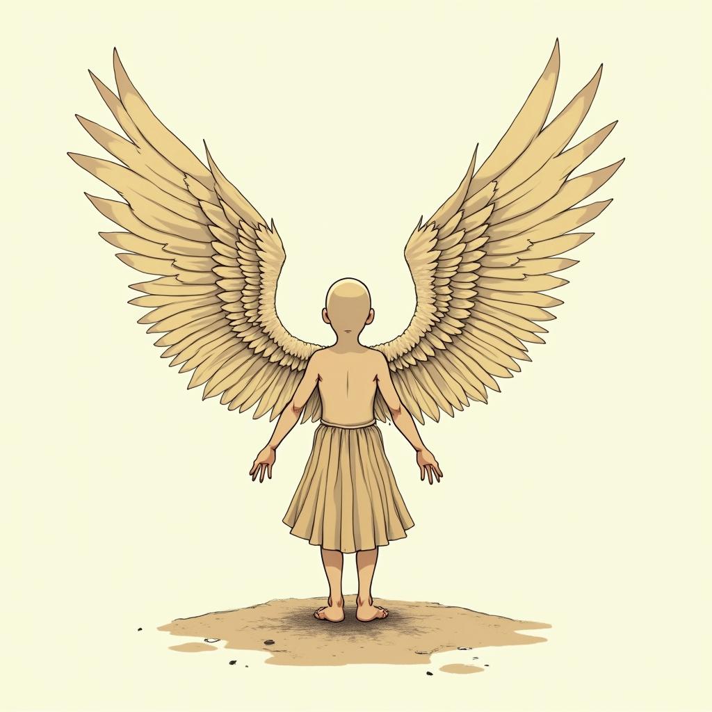 Against broken wings,
A front afraid,
Rise anew.Ghibli, Studio Ghibli aesthetic, hand-drawn anime style, retro nostalgic atmosphere, retro soft pastel color palette with earthy tones, retro Japanese cinematic shot, yellow tint effect, bald character, smooth surface, anime shadow 90's anime style - Variation 2