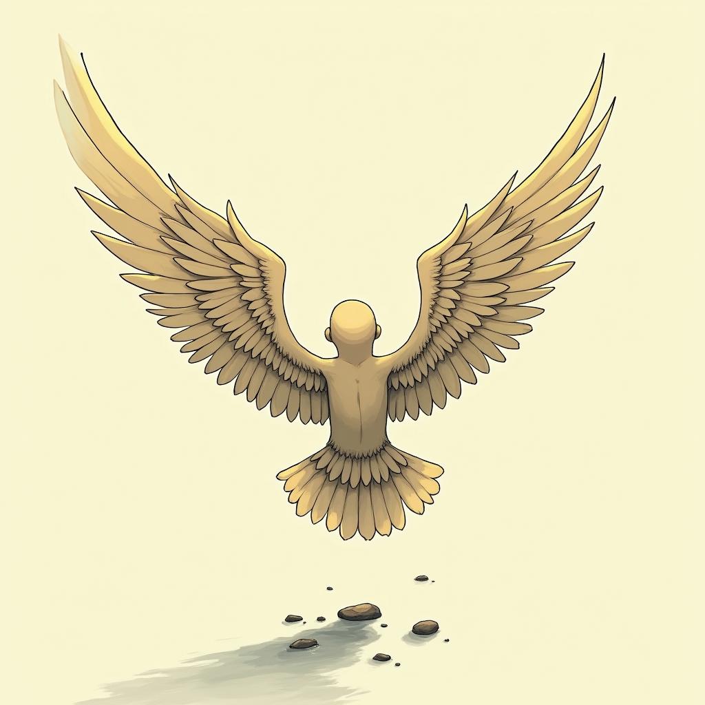 Against broken wings,
A front afraid,
Rise anew.Ghibli, Studio Ghibli aesthetic, hand-drawn anime style, retro nostalgic atmosphere, retro soft pastel color palette with earthy tones, retro Japanese cinematic shot, yellow tint effect, bald character, smooth surface, anime shadow 90's anime style