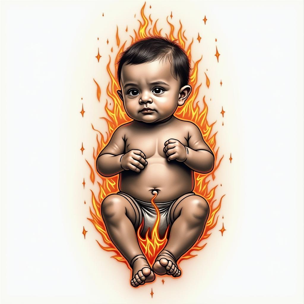 Dedicated to the baby boyin flame tattoo style showcasing fiery elements with dynamic flame patterns, glowing effect of flames, natural colors - Variation 4