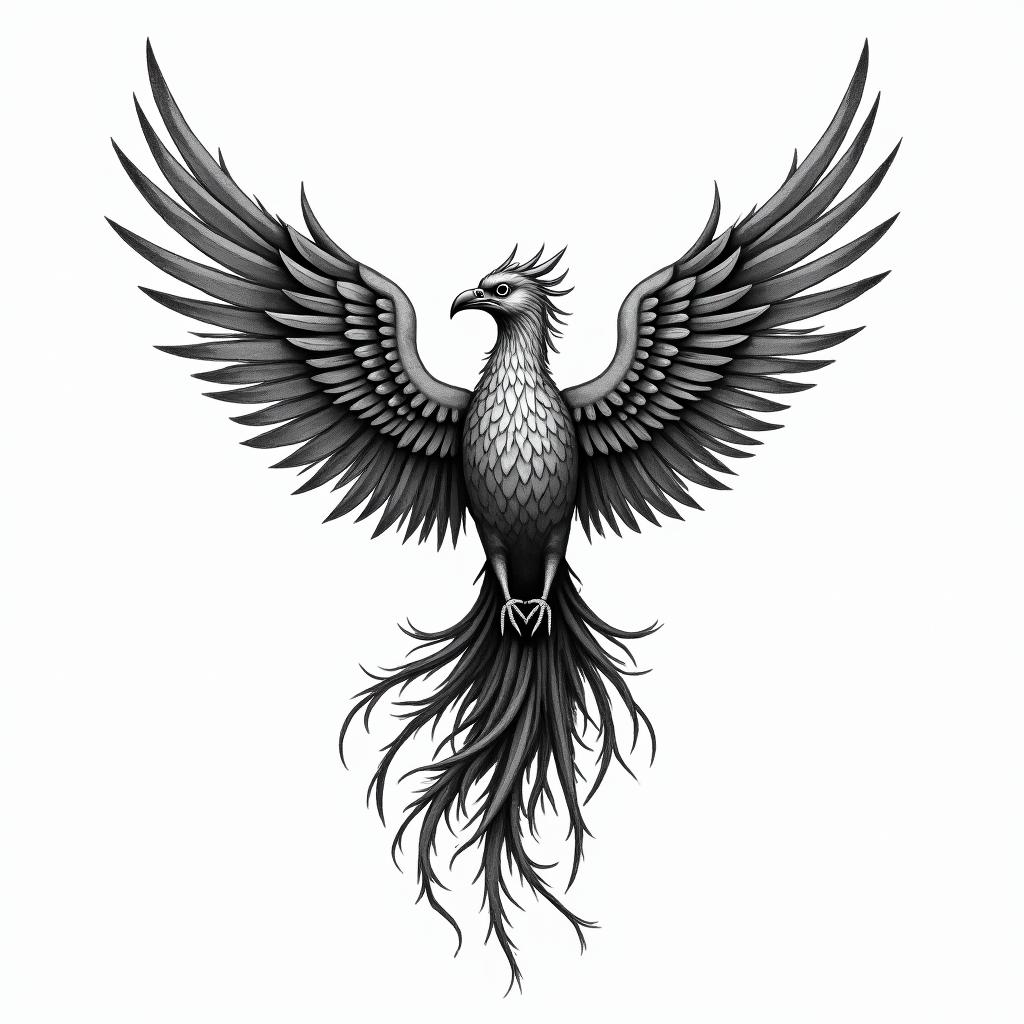 Phoenix with wordsin bohemian style tattoo, 8k