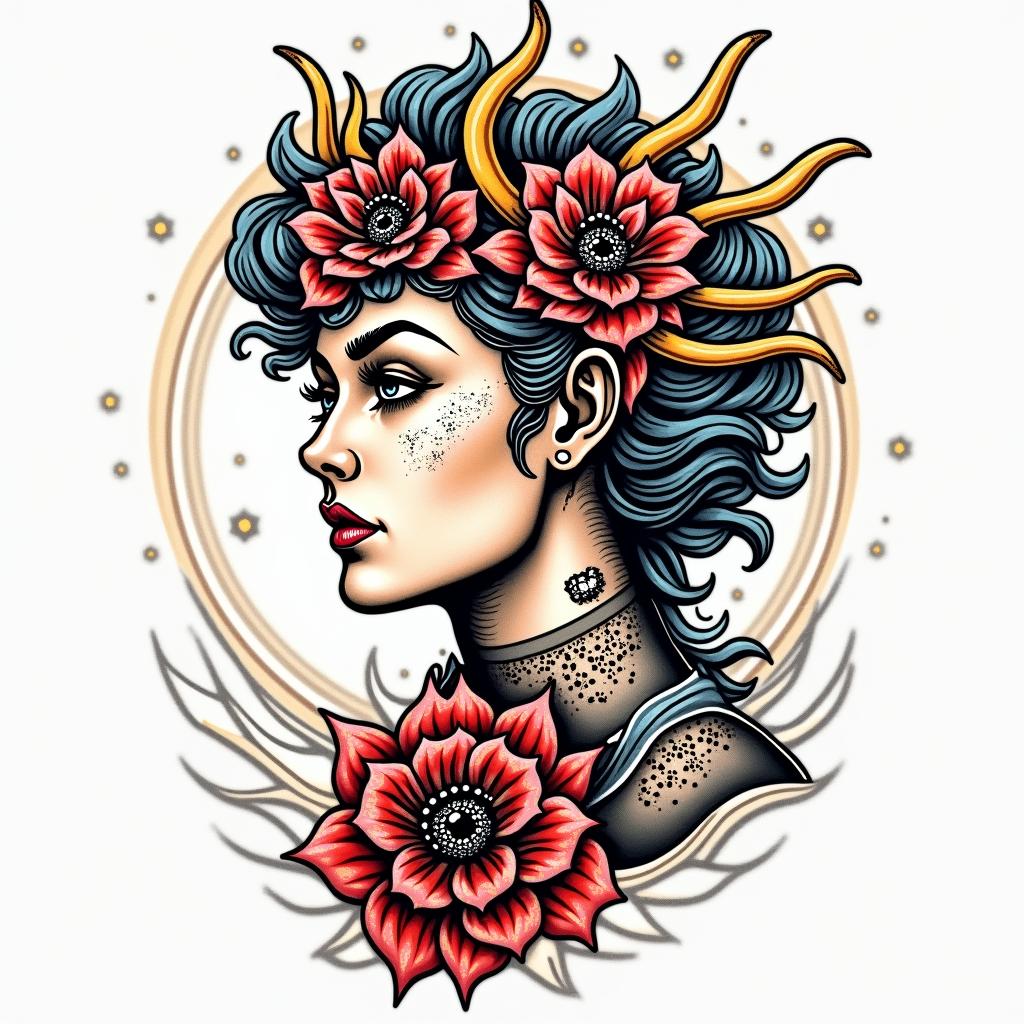 Travis, Sagittarius, Suffolk VAin pop art style tattoo, featuring bold and vibrant colors, exaggerated outlines, iconic imagery, inspired by comic books and speech bubbles, comic book characters, retro pop culture - Variation 4