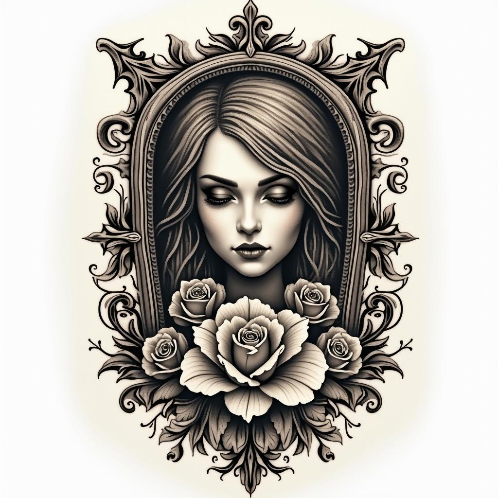 Esoteric Appalachian magicin victorian style tattoo, featuring vintage and elegant elements, ornate frames, roses, antique, sepia-toned color scheme - Variation 4