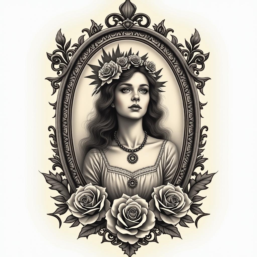 Esoteric Appalachian magicin victorian style tattoo, featuring vintage and elegant elements, ornate frames, roses, antique, sepia-toned color scheme