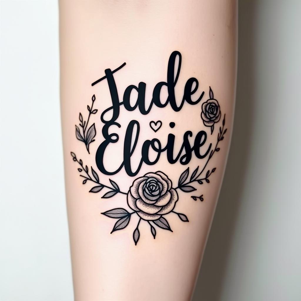 Jade Eloise 25-02-2022, on the armin elegant cursive calligraphy style 2d tattoo, decorate with roses, featuring a smooth and flowing handwritten script with slightly thickened strokes for a luxurious and bold appearance,  heart symbol between names,  sleek and glossy black text with shadowing, minimalist matte white background, clean and sharp edges, illuminated with soft lighting, romantic, 8k, high-quality textures with refined typography