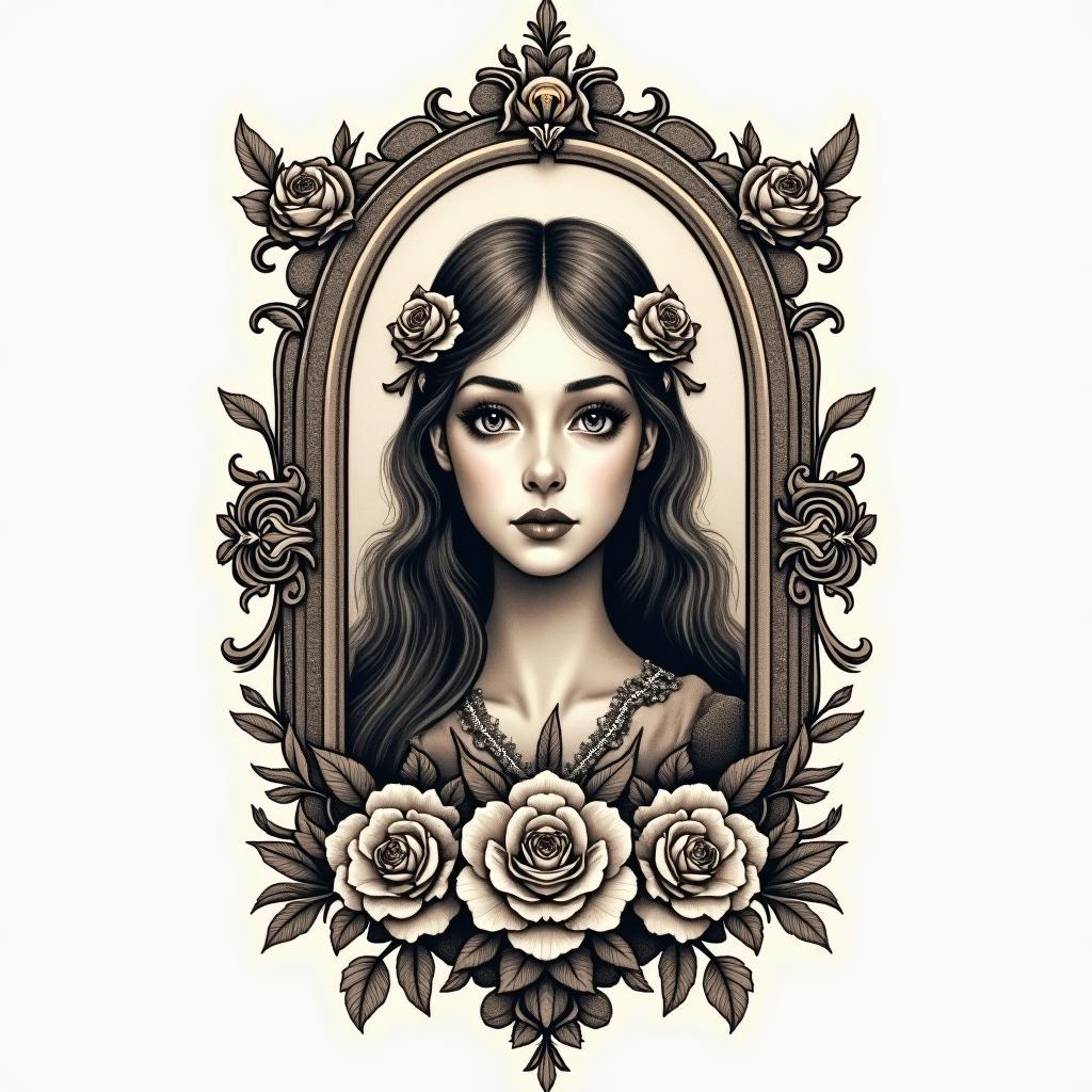 Esoteric Appalachian magicin victorian style tattoo, featuring vintage and elegant elements, ornate frames, roses, antique, sepia-toned color scheme - Variation 2
