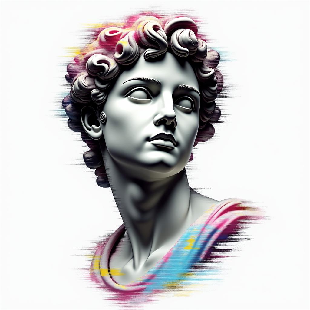 Dedicated to the baby boyin distorted and fragmented tattoo design, featuring a classical statue bust, in a glitch art style with vibrant, overlapping colors of cyan, magenta, and yellow, creating a digital distortion effect - Variation 3
