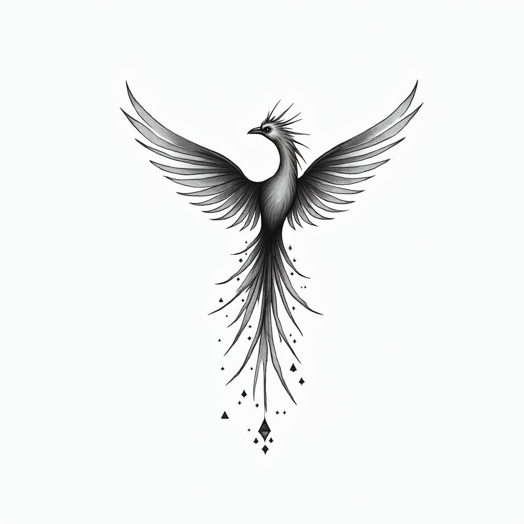 Phoenix with wordsin minimalist style tattoo, featuring simple shapes and fine lines, with minimal shading and details, tiny triangles, creating a sense of balance and harmony - Variation 4