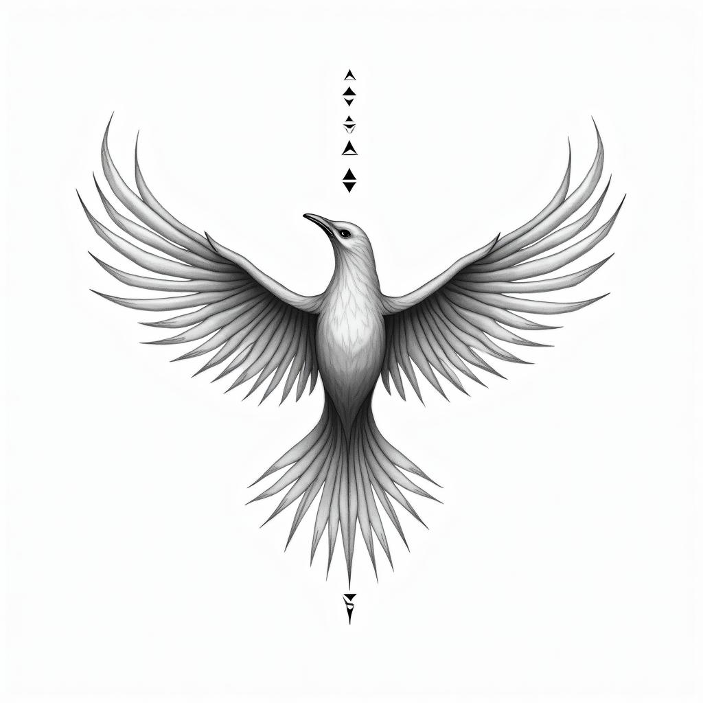 Phoenix with wordsin minimalist style tattoo, featuring simple shapes and fine lines, with minimal shading and details, tiny triangles, creating a sense of balance and harmony - Variation 3