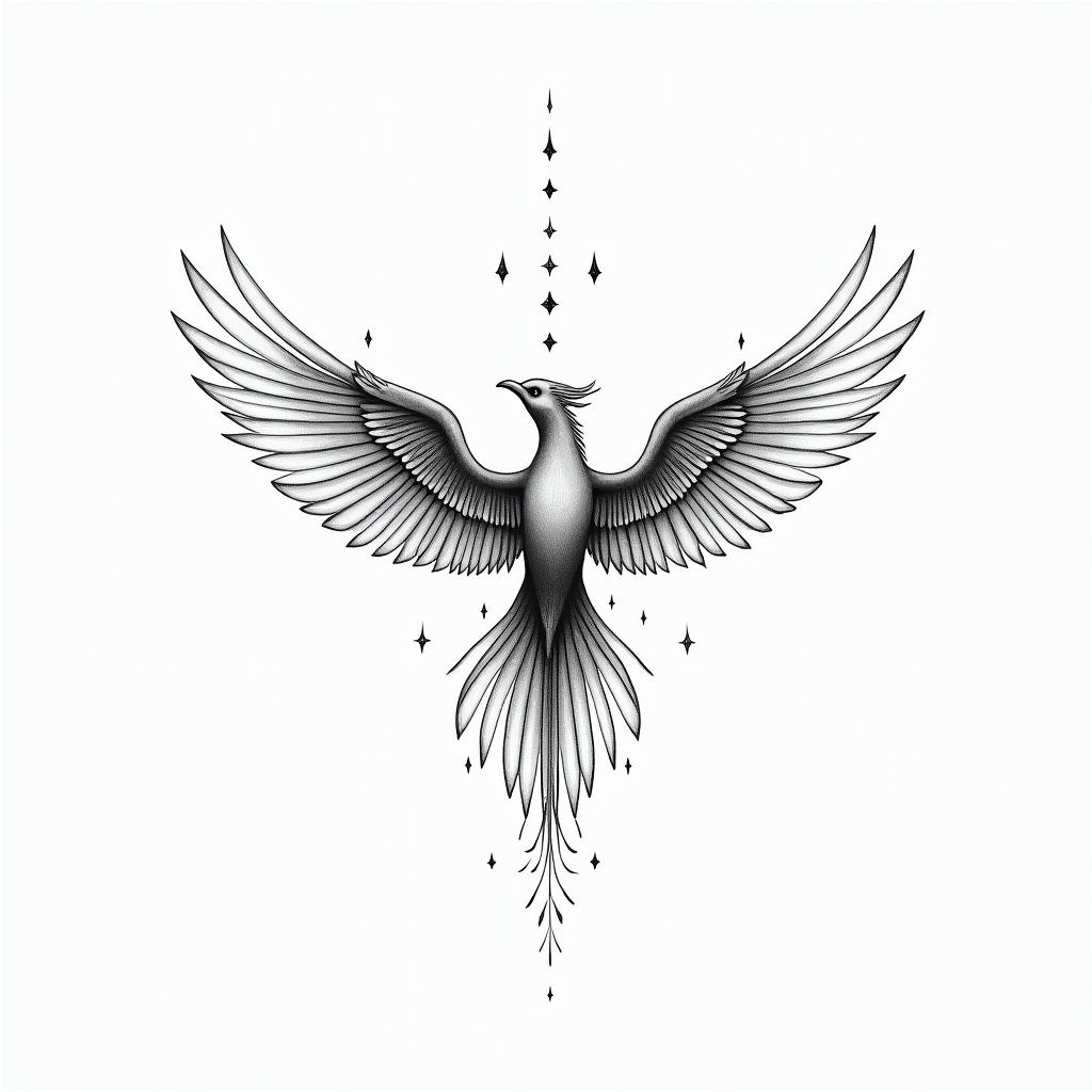 Phoenix with wordsin minimalist style tattoo, featuring simple shapes and fine lines, with minimal shading and details, tiny triangles, creating a sense of balance and harmony - Variation 2