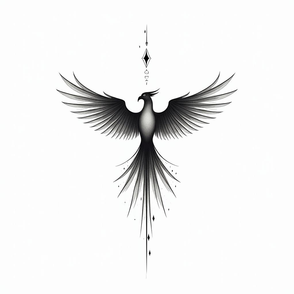 Phoenix with wordsin minimalist style tattoo, featuring simple shapes and fine lines, with minimal shading and details, tiny triangles, creating a sense of balance and harmony