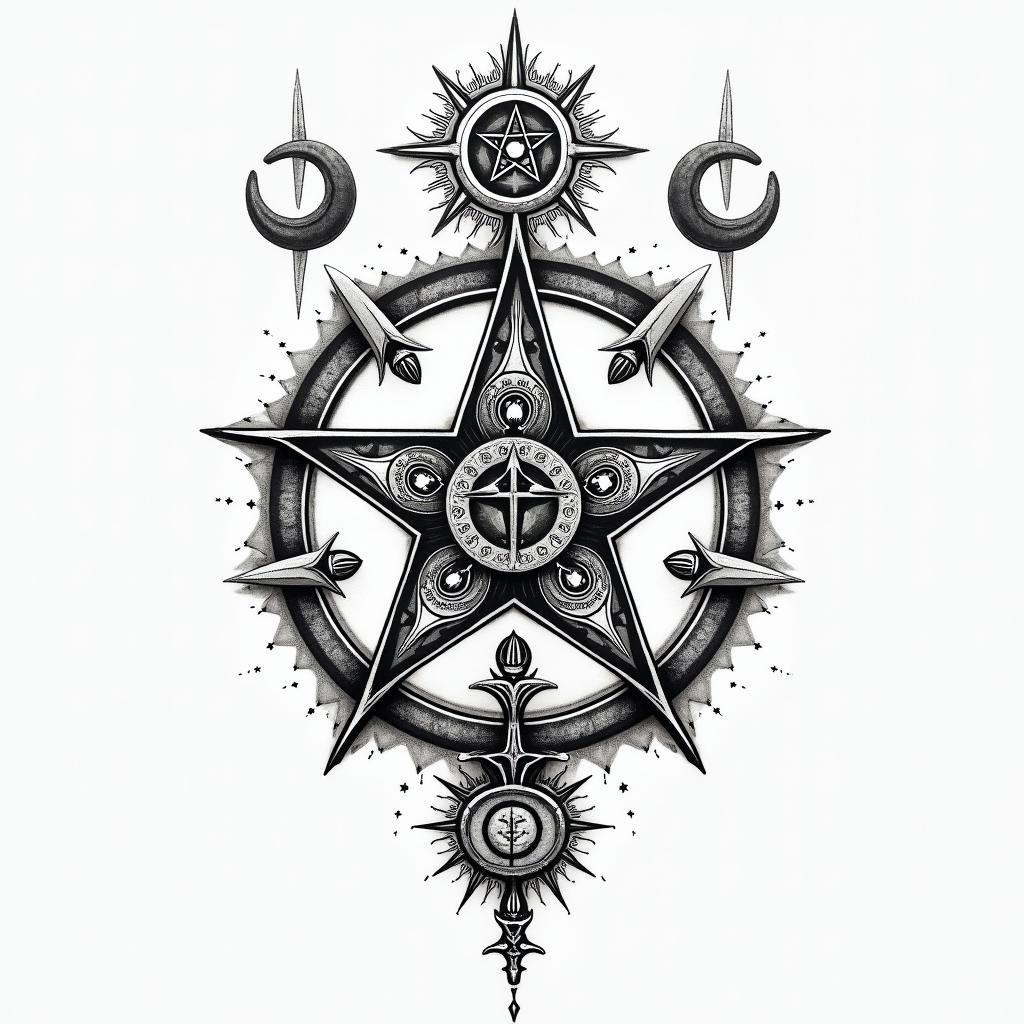 Esoteric Appalachian magicin paganic style tattoo, featuring ancient symbols, add vegvisir symbol, mystical figures, incorporating designs, pentagrams, runes, crescent moons, - Variation 5