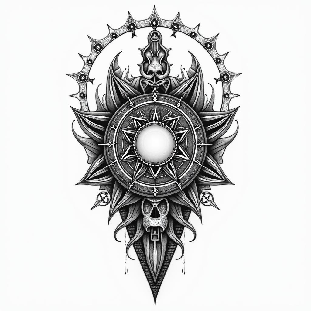 Esoteric Appalachian magicin paganic style tattoo, featuring ancient symbols, add vegvisir symbol, mystical figures, incorporating designs, pentagrams, runes, crescent moons, - Variation 8