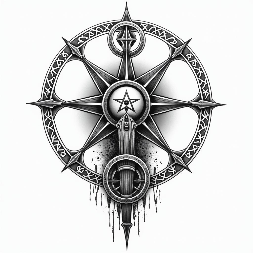 Esoteric Appalachian magicin paganic style tattoo, featuring ancient symbols, add vegvisir symbol, mystical figures, incorporating designs, pentagrams, runes, crescent moons, - Variation 7