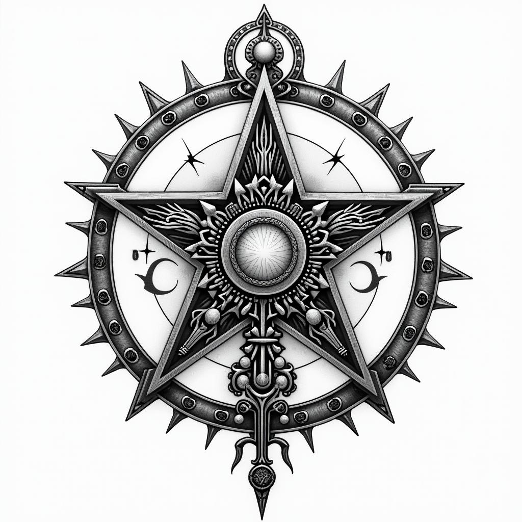Esoteric Appalachian magicin paganic style tattoo, featuring ancient symbols, add vegvisir symbol, mystical figures, incorporating designs, pentagrams, runes, crescent moons, - Variation 6