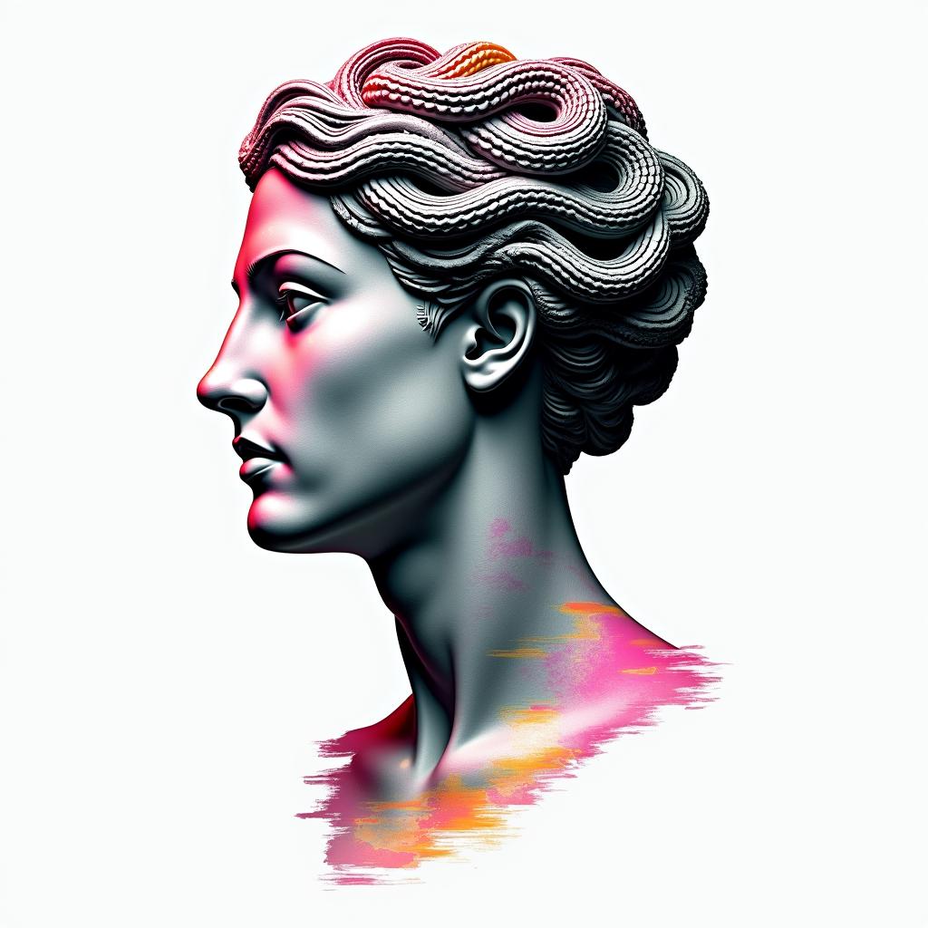 Medusain distorted and fragmented tattoo design, featuring a classical statue bust, in a glitch art style with vibrant, overlapping colors of cyan, magenta, and yellow, creating a digital distortion effect