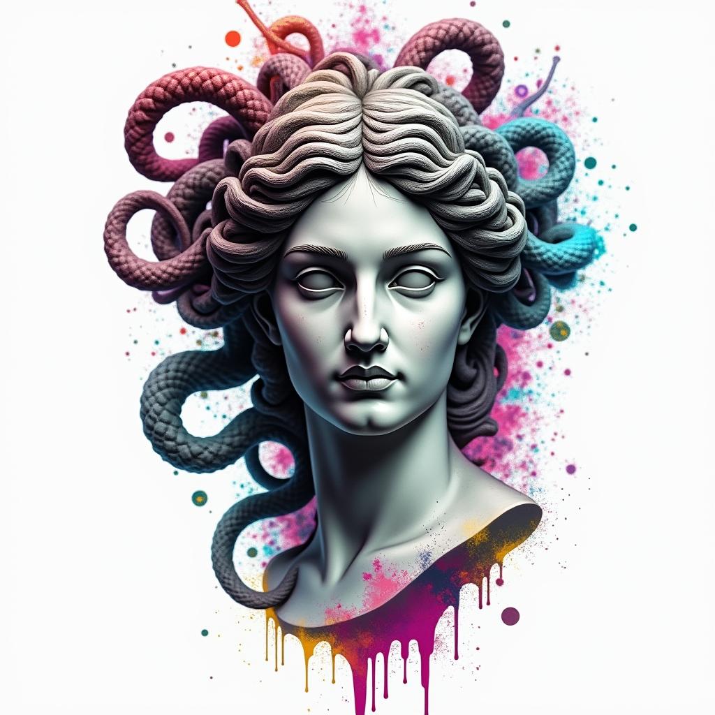 Medusain distorted and fragmented tattoo design, featuring a classical statue bust, in a glitch art style with vibrant, overlapping colors of cyan, magenta, and yellow, creating a digital distortion effect - Variation 3