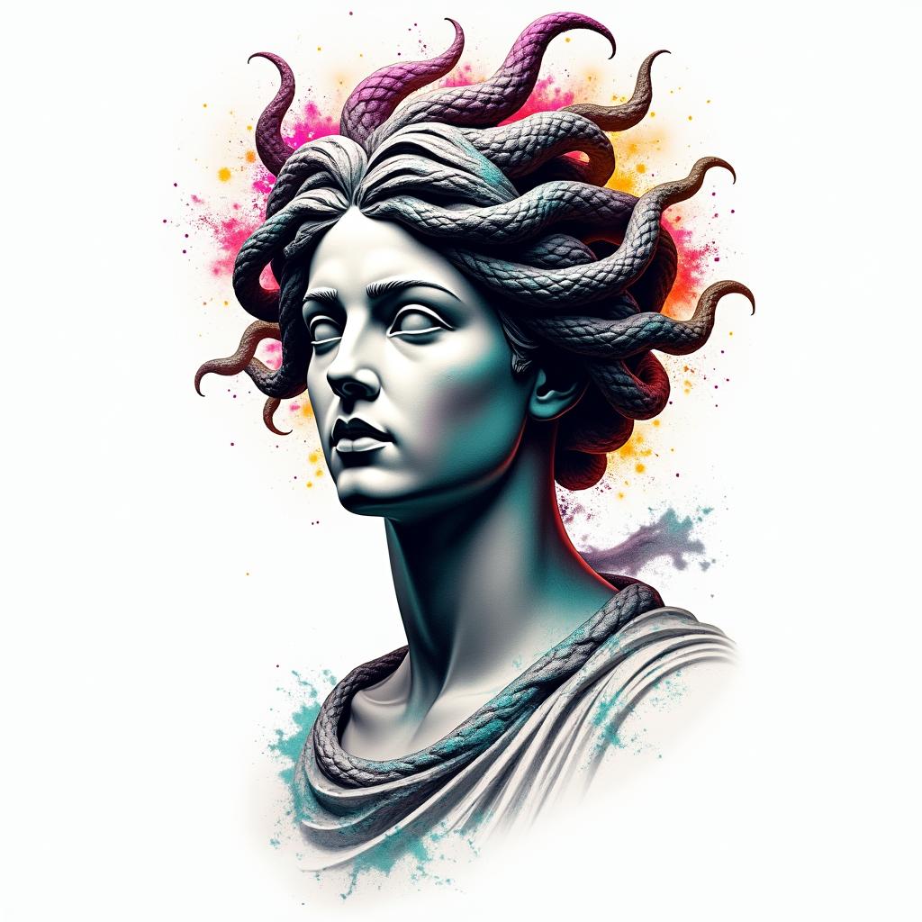 Medusain distorted and fragmented tattoo design, featuring a classical statue bust, in a glitch art style with vibrant, overlapping colors of cyan, magenta, and yellow, creating a digital distortion effect - Variation 2