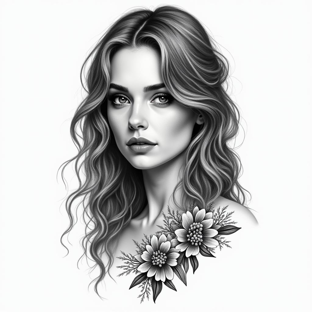 Kate, Aquarius, Massachusettsin portrait tattoo style, featuring a highly realistic and detailed depiction - Variation 3