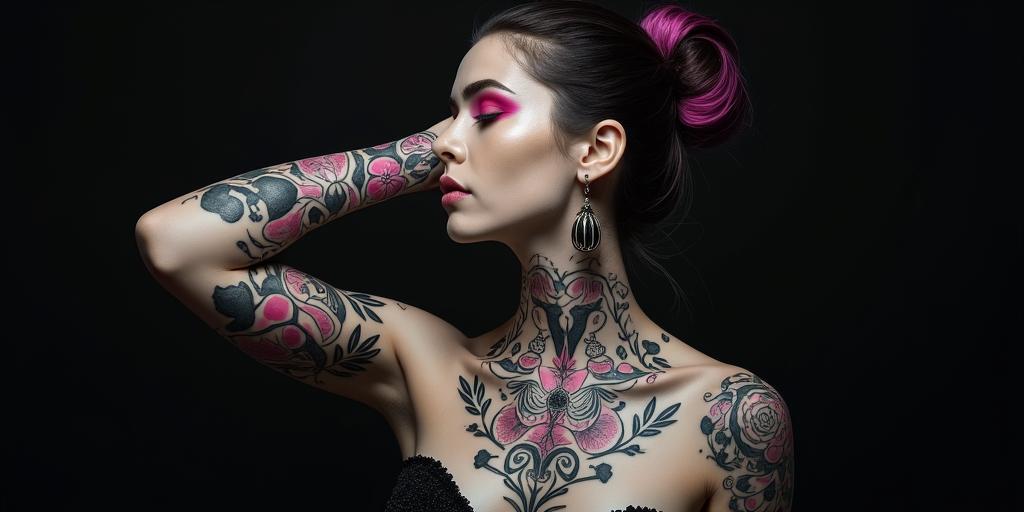 Futuristic cyberpunk girl with neon accentsin prophecy tattoo style, featuring mystical symbols, celestial imagery like stars, moons, suns, geometric patterns, foretelling elements, an eye of wisdom - Variation 4