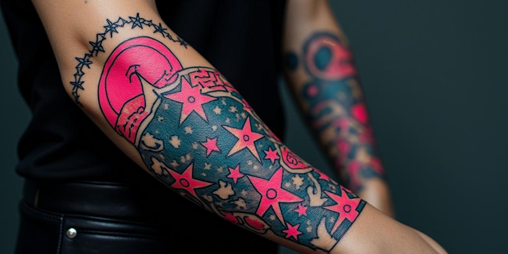 Futuristic cyberpunk girl with neon accentsin prophecy tattoo style, featuring mystical symbols, celestial imagery like stars, moons, suns, geometric patterns, foretelling elements, an eye of wisdom