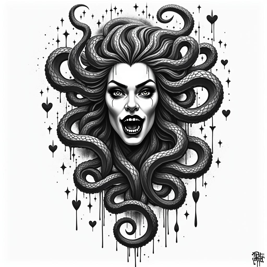 Medusain graffiti style tattoo, featuring bold and dynamic street art elements, spray-paint texture with exaggerated lines and expressive, chaotic brushstrokes, intricate lettering incorporated with graffiti tags, symbols like hearts, stars, and wings