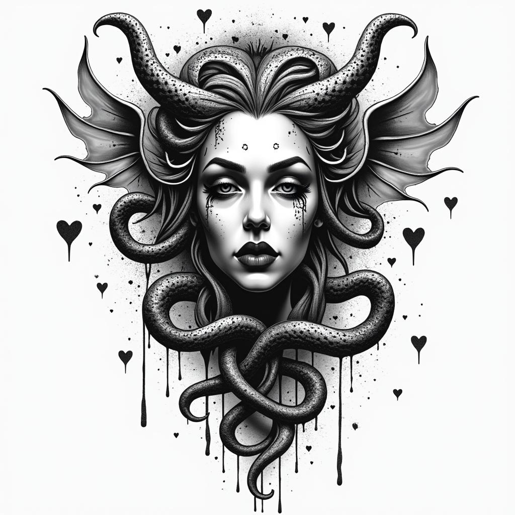 Medusain graffiti style tattoo, featuring bold and dynamic street art elements, spray-paint texture with exaggerated lines and expressive, chaotic brushstrokes, intricate lettering incorporated with graffiti tags, symbols like hearts, stars, and wings - Variation 2
