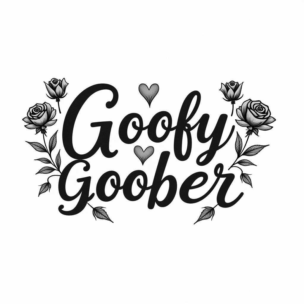 The word goofy and the word gooberin elegant cursive calligraphy style 2d tattoo, decorate with roses, featuring a smooth and flowing handwritten script with slightly thickened strokes for a luxurious and bold appearance, heart symbol between names, sleek and glossy black text with shadowing, minimalist matte white background, clean and sharp edges, illuminated with soft lighting, romantic, 8k, high-quality textures with refined typography - Variation 3