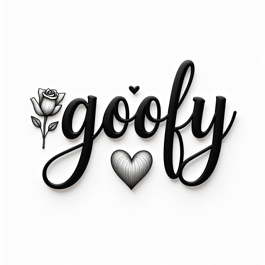The word goofy and the word gooberin elegant cursive calligraphy style 2d tattoo, decorate with roses, featuring a smooth and flowing handwritten script with slightly thickened strokes for a luxurious and bold appearance, heart symbol between names, sleek and glossy black text with shadowing, minimalist matte white background, clean and sharp edges, illuminated with soft lighting, romantic, 8k, high-quality textures with refined typography - Variation 1